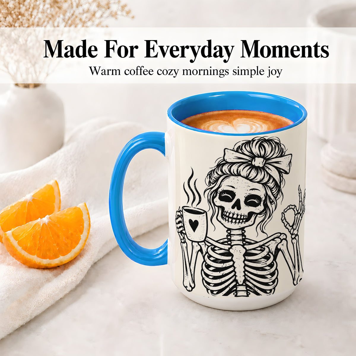 #pl[15oz|Blue] Coffee Skeleton Ceramic Mug, Black White Spooky Line Art Design