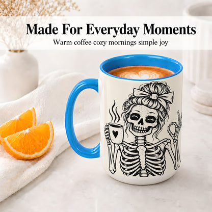 #pl[15oz|Blue] Coffee Skeleton Ceramic Mug, Black White Spooky Line Art Design