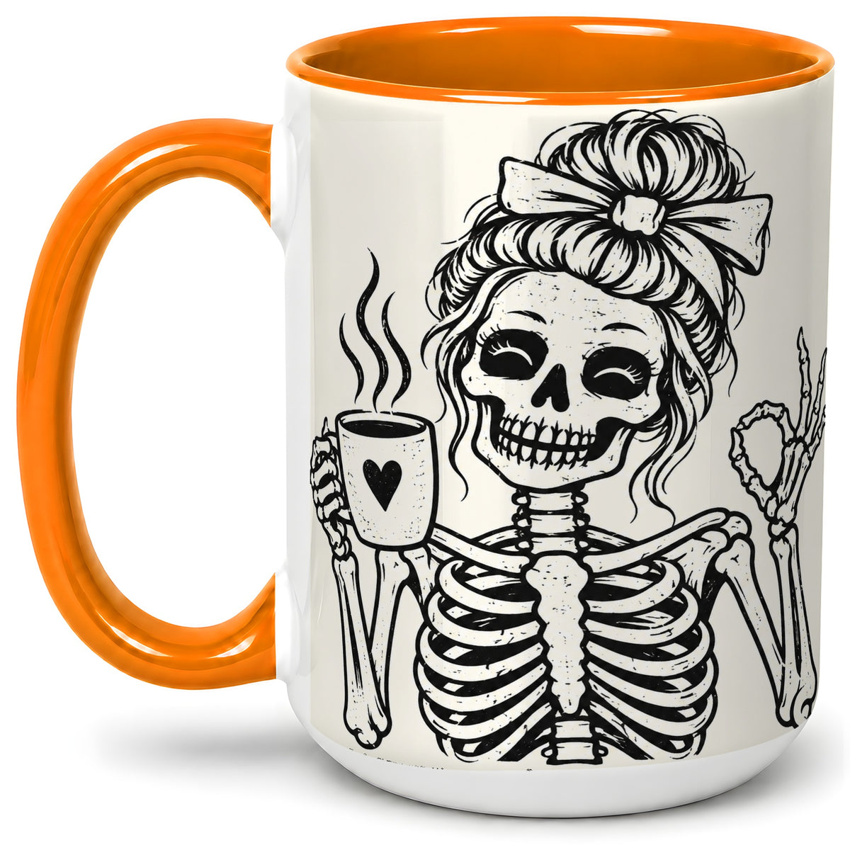 #pl[15oz|Orange] Coffee Skeleton Ceramic Mug, Black White Spooky Line Art Design