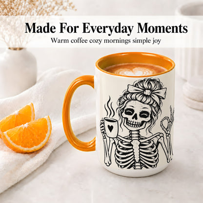 #pl[15oz|Orange] Coffee Skeleton Ceramic Mug, Black White Spooky Line Art Design