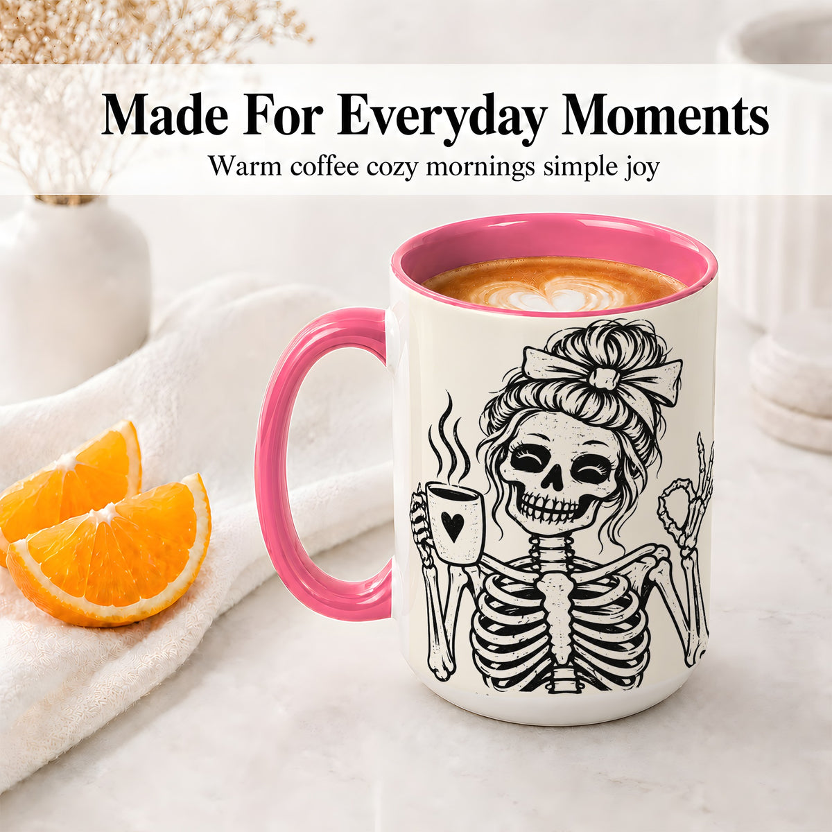 #pl[15oz|Pink] Coffee Skeleton Ceramic Mug, Black White Spooky Line Art Design