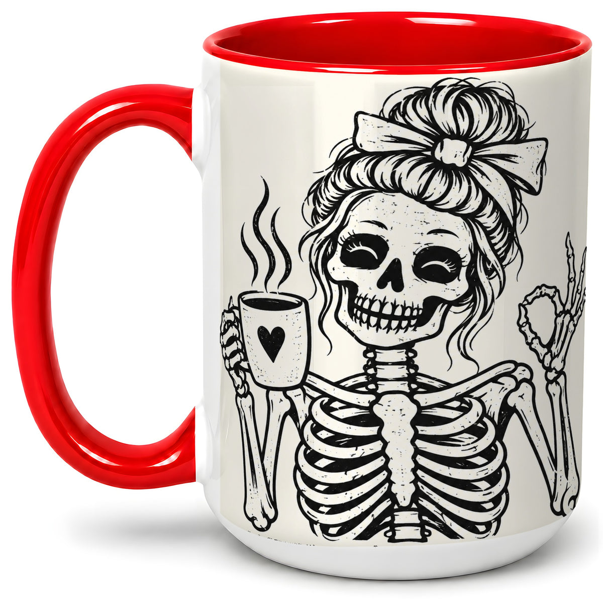 #pl[15oz|Red] Coffee Skeleton Ceramic Mug, Black White Spooky Line Art Design