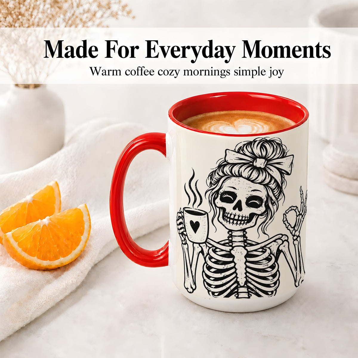 #pl[15oz|Red] Coffee Skeleton Ceramic Mug, Black White Spooky Line Art Design