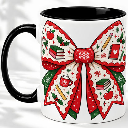 #pl[11oz|Black] Festive Teacher Christmas Bow Ceramic Mug, School Holiday Artwork