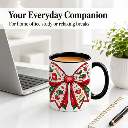 #pl[11oz|Black] Festive Teacher Christmas Bow Ceramic Mug, School Holiday Artwork