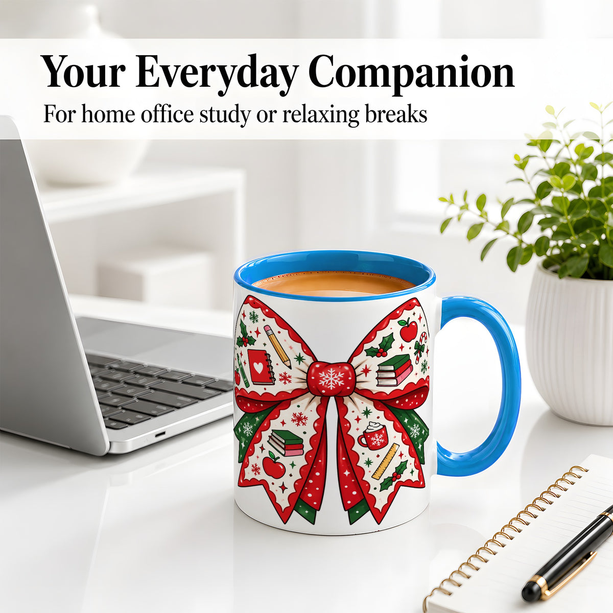 #pl[11oz|Blue] Festive Teacher Christmas Bow Ceramic Mug, School Holiday Artwork