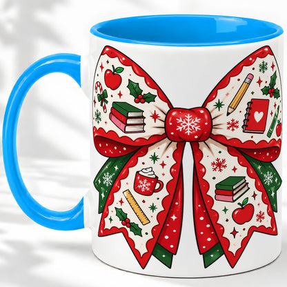 #pl[11oz|Blue] Festive Teacher Christmas Bow Ceramic Mug, School Holiday Artwork