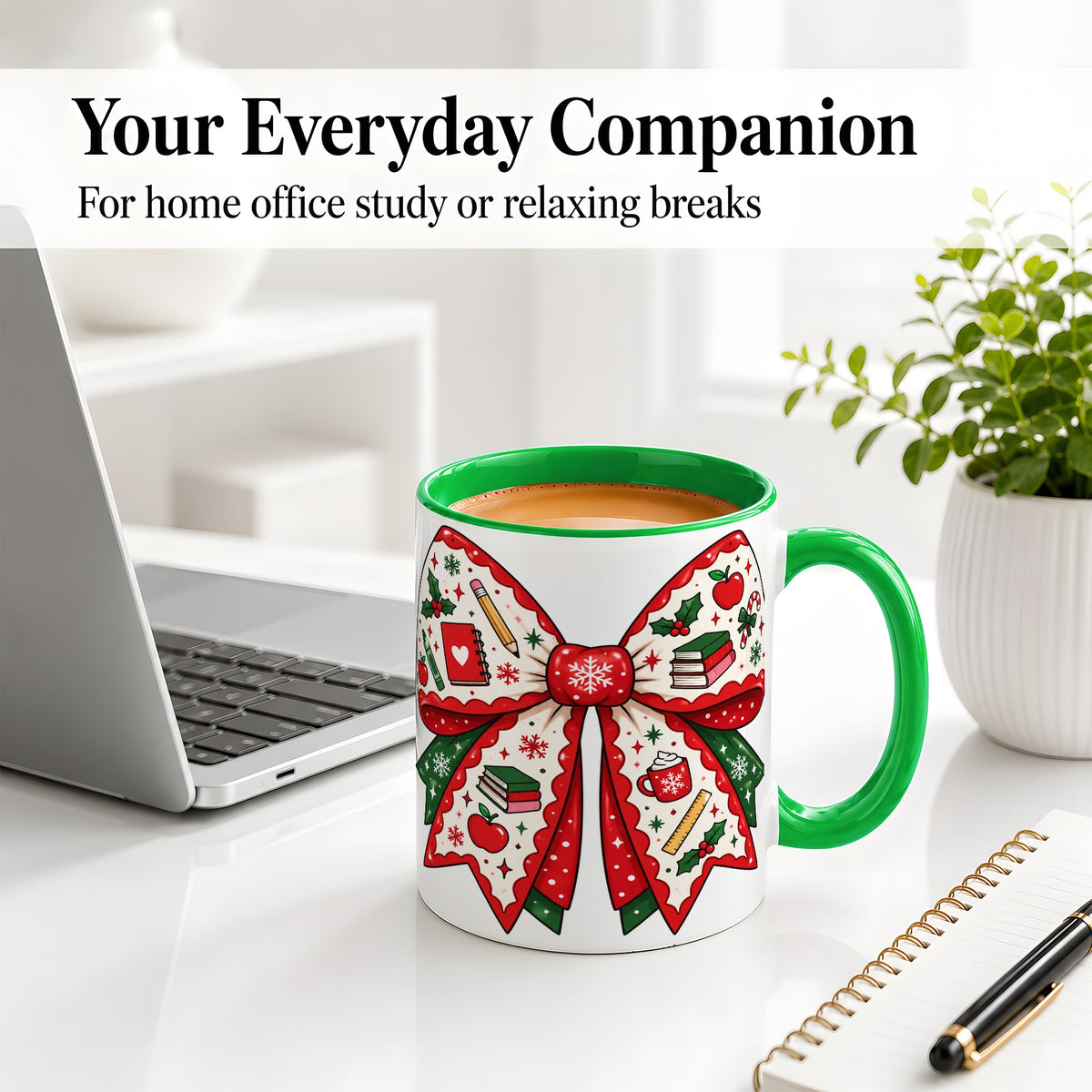 #pl[11oz|Green] Festive Teacher Christmas Bow Ceramic Mug, School Holiday Artwork
