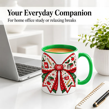 #pl[11oz|Green] Festive Teacher Christmas Bow Ceramic Mug, School Holiday Artwork