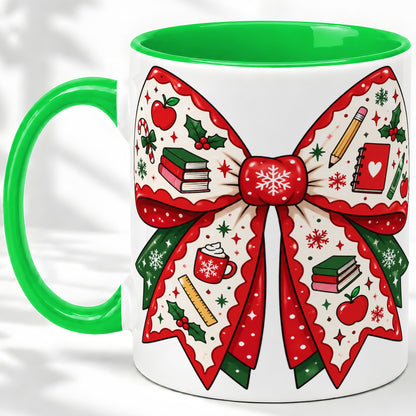 #pl[11oz|Green] Festive Teacher Christmas Bow Ceramic Mug, School Holiday Artwork