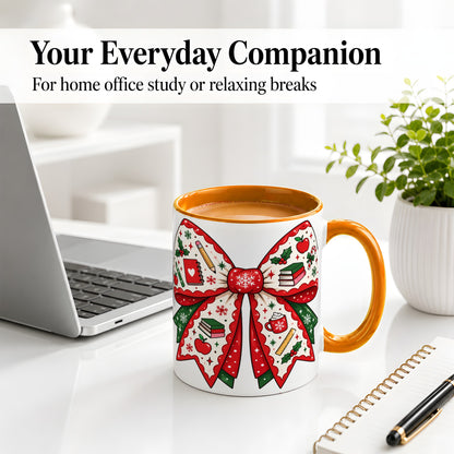 #pl[11oz|Orange] Festive Teacher Christmas Bow Ceramic Mug, School Holiday Artwork