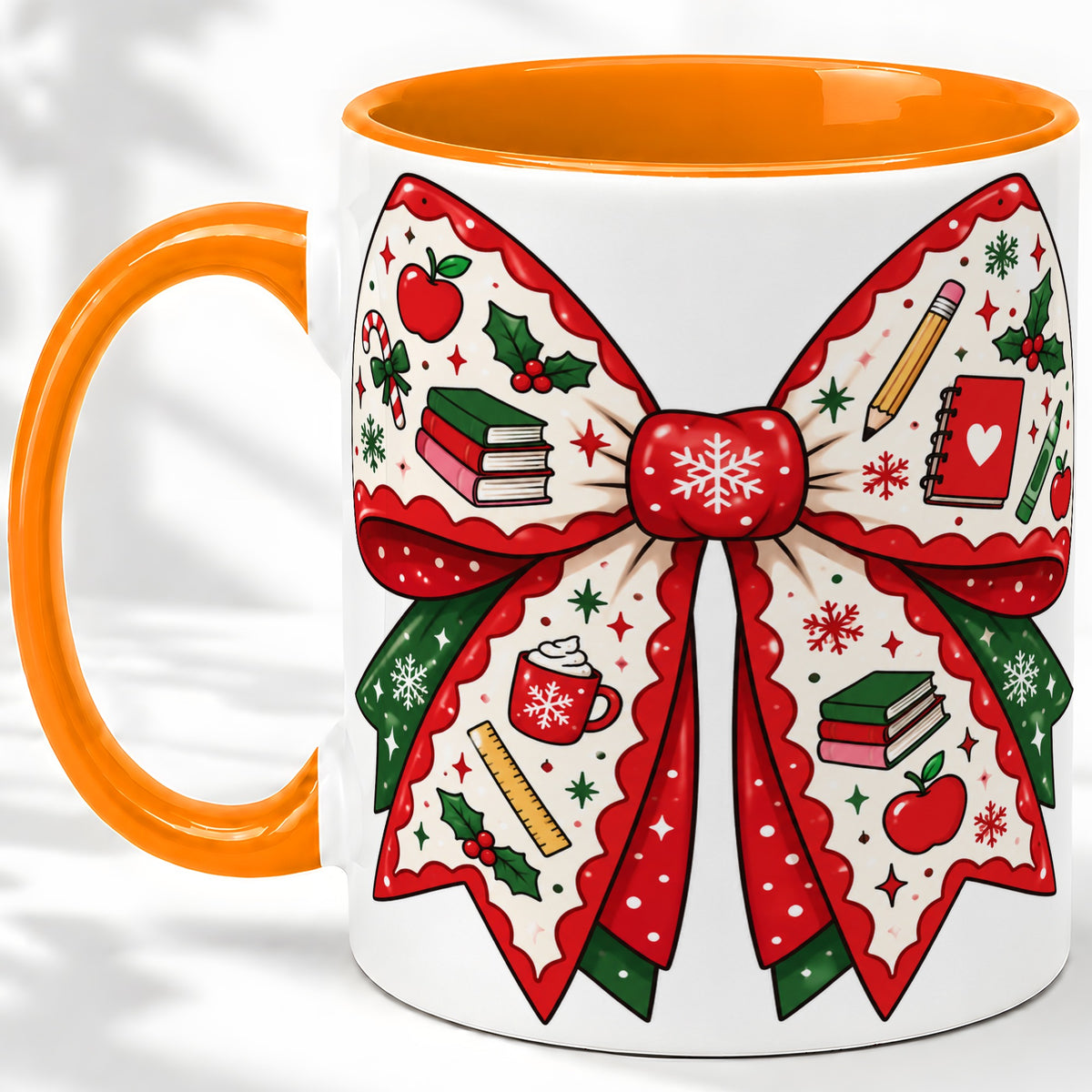 #pl[11oz|Orange] Festive Teacher Christmas Bow Ceramic Mug, School Holiday Artwork