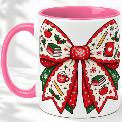 #pl[11oz|Pink] Festive Teacher Christmas Bow Ceramic Mug, School Holiday Artwork