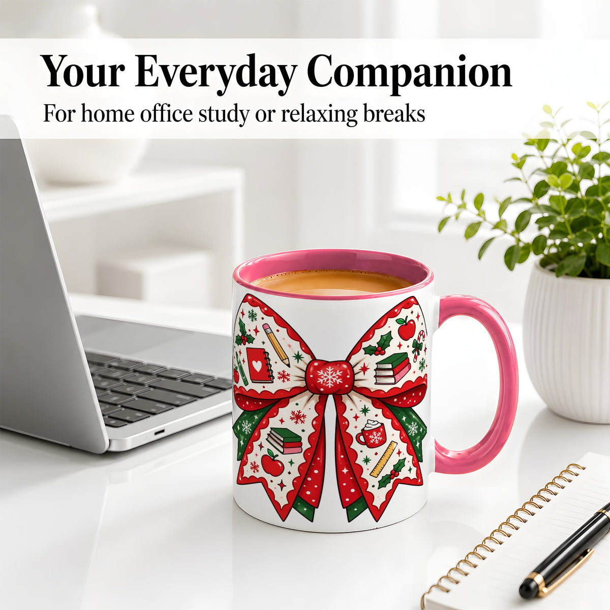 #pl[11oz|Pink] Festive Teacher Christmas Bow Ceramic Mug, School Holiday Artwork