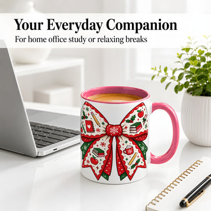 #pl[11oz|Pink] Festive Teacher Christmas Bow Ceramic Mug, School Holiday Artwork
