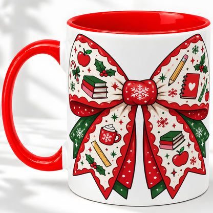 Festive Teacher Christmas Bow Ceramic Mug, School Holiday Artwork