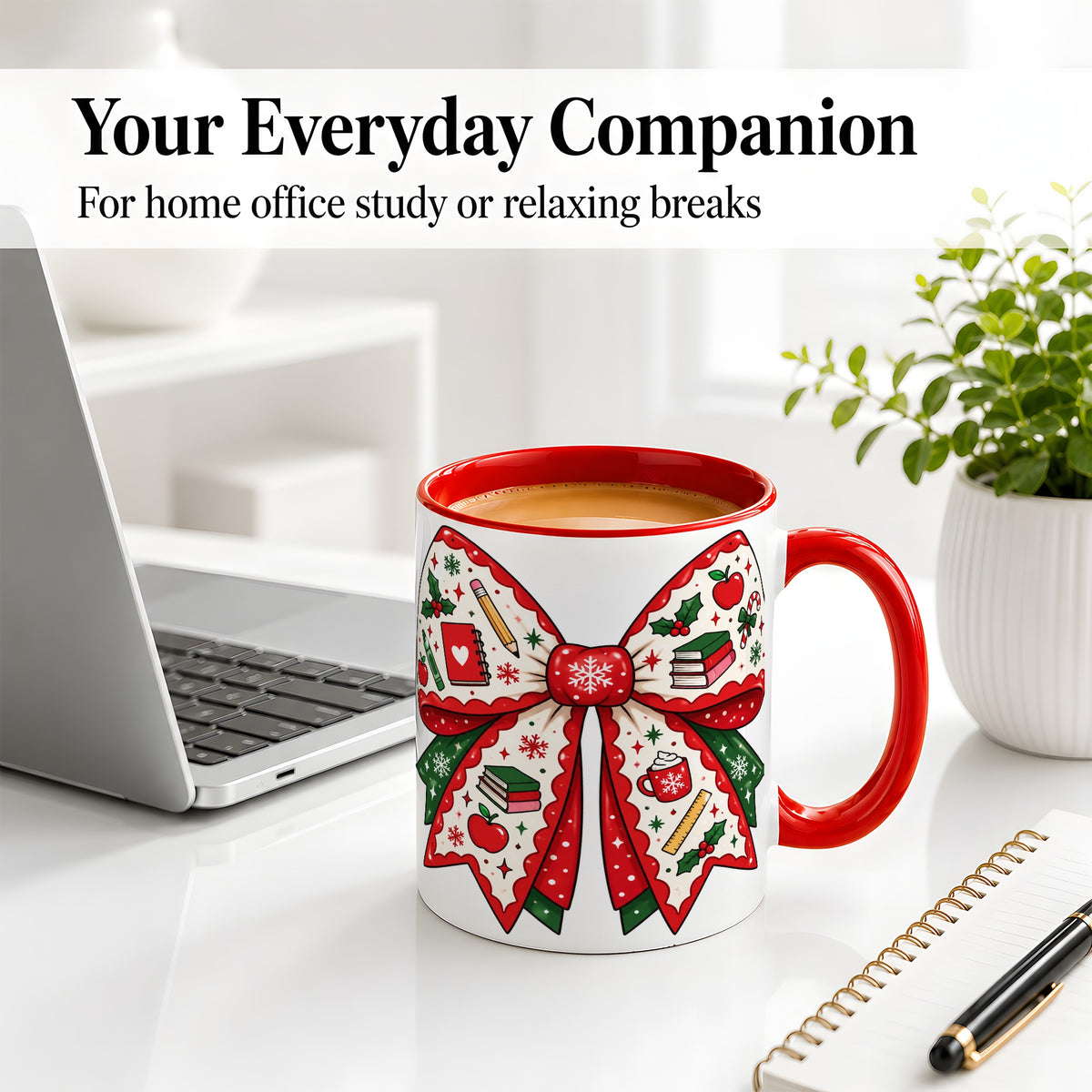 #pl[11oz|Red] Festive Teacher Christmas Bow Ceramic Mug, School Holiday Artwork