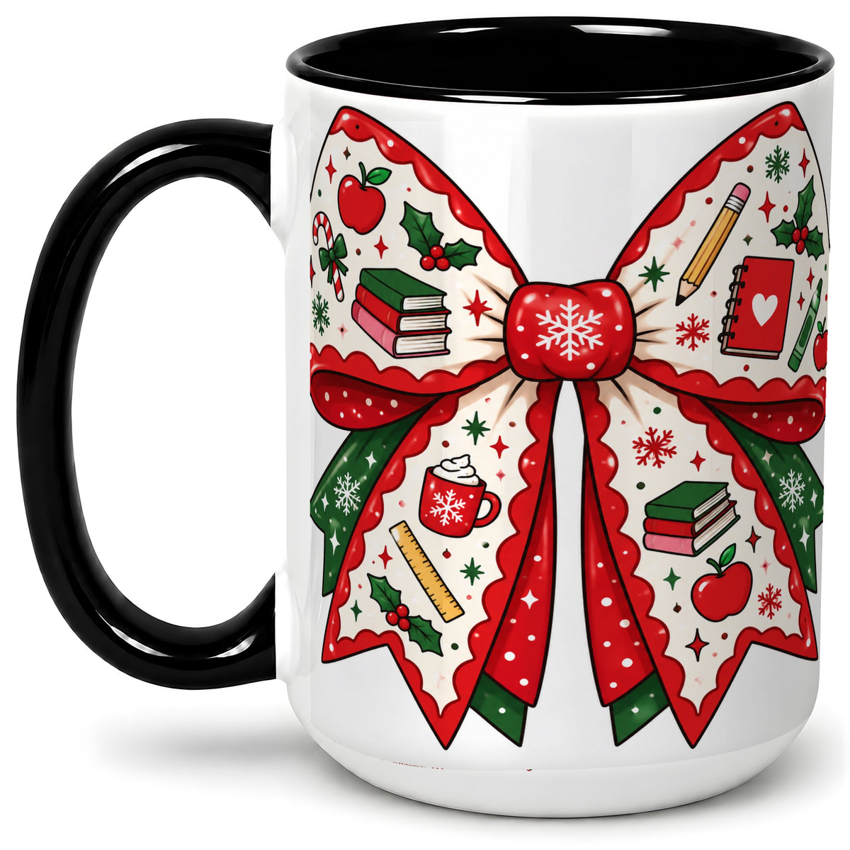 #pl[15oz|Black] Festive Teacher Christmas Bow Ceramic Mug, School Holiday Artwork