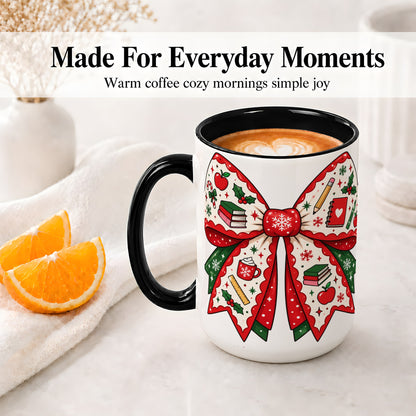 #pl[15oz|Black] Festive Teacher Christmas Bow Ceramic Mug, School Holiday Artwork