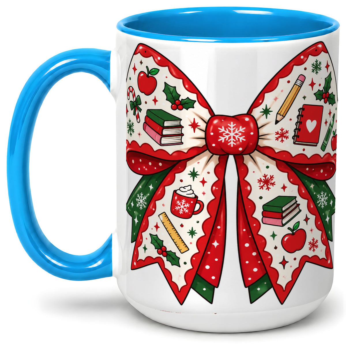 #pl[15oz|Blue] Festive Teacher Christmas Bow Ceramic Mug, School Holiday Artwork