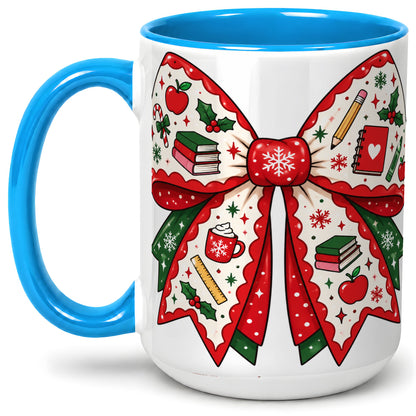 #pl[15oz|Blue] Festive Teacher Christmas Bow Ceramic Mug, School Holiday Artwork