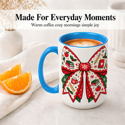 #pl[15oz|Blue] Festive Teacher Christmas Bow Ceramic Mug, School Holiday Artwork