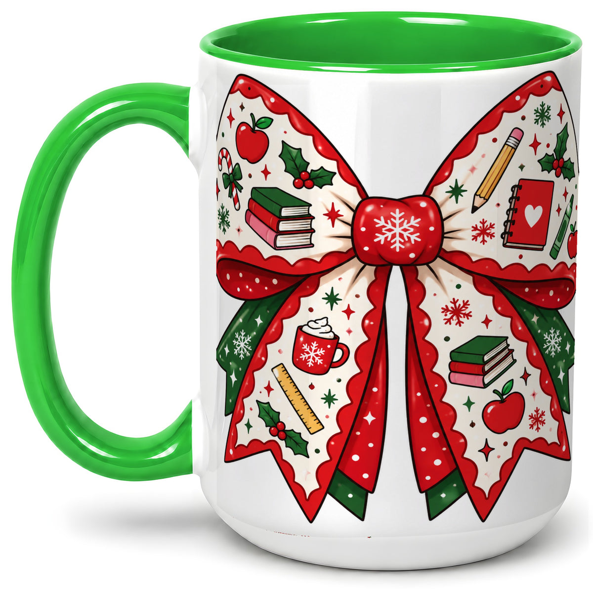 #pl[15oz|Green] Festive Teacher Christmas Bow Ceramic Mug, School Holiday Artwork