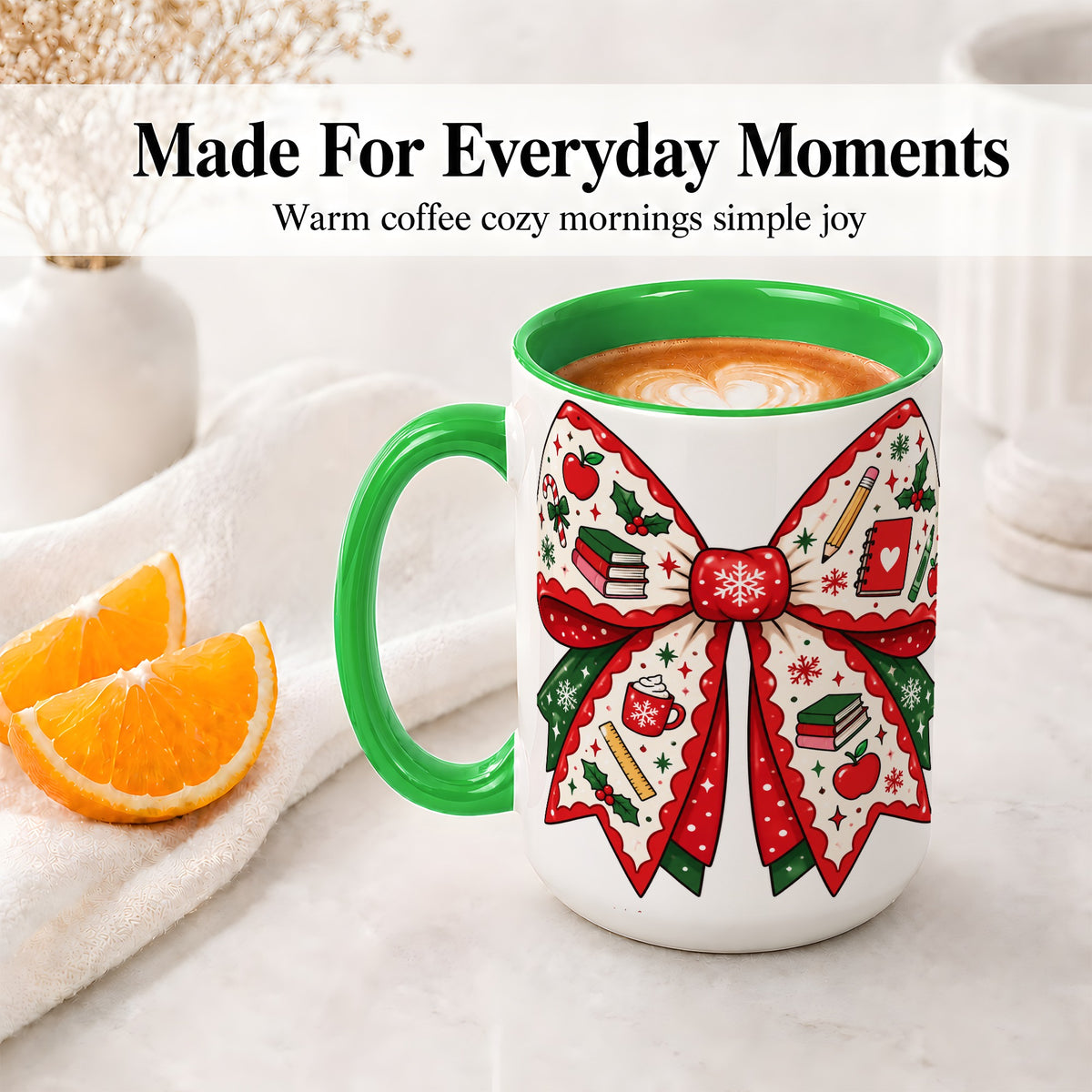 #pl[15oz|Green] Festive Teacher Christmas Bow Ceramic Mug, School Holiday Artwork