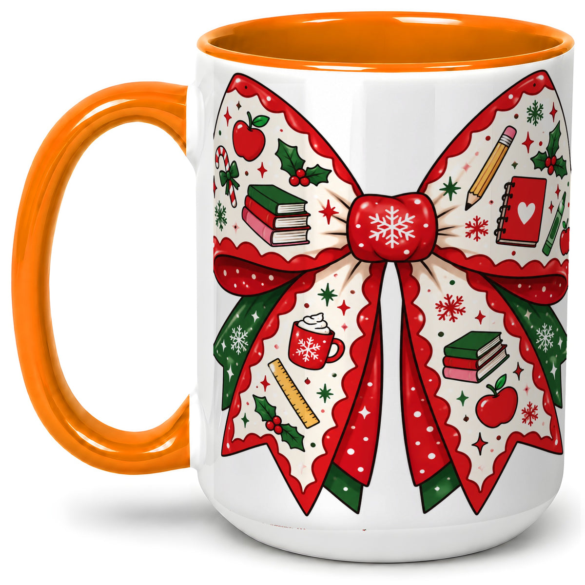#pl[15oz|Orange] Festive Teacher Christmas Bow Ceramic Mug, School Holiday Artwork
