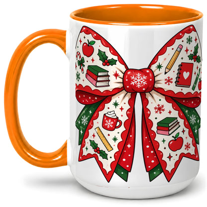 #pl[15oz|Orange] Festive Teacher Christmas Bow Ceramic Mug, School Holiday Artwork