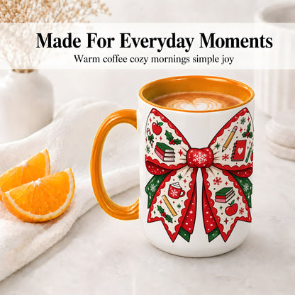 #pl[15oz|Orange] Festive Teacher Christmas Bow Ceramic Mug, School Holiday Artwork