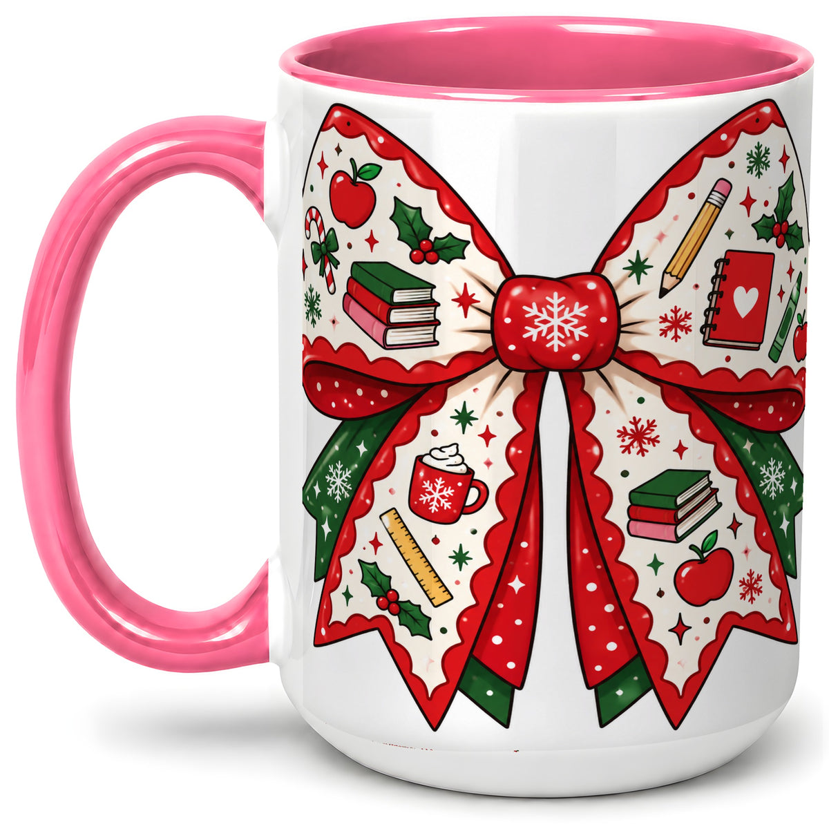 #pl[15oz|Pink] Festive Teacher Christmas Bow Ceramic Mug, School Holiday Artwork