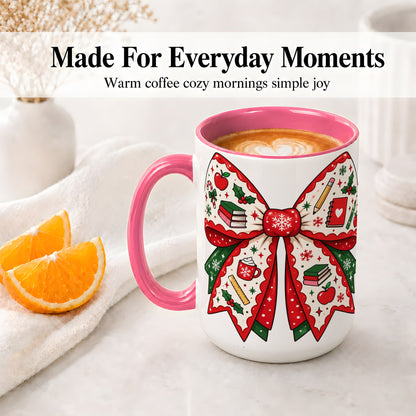 #pl[15oz|Pink] Festive Teacher Christmas Bow Ceramic Mug, School Holiday Artwork