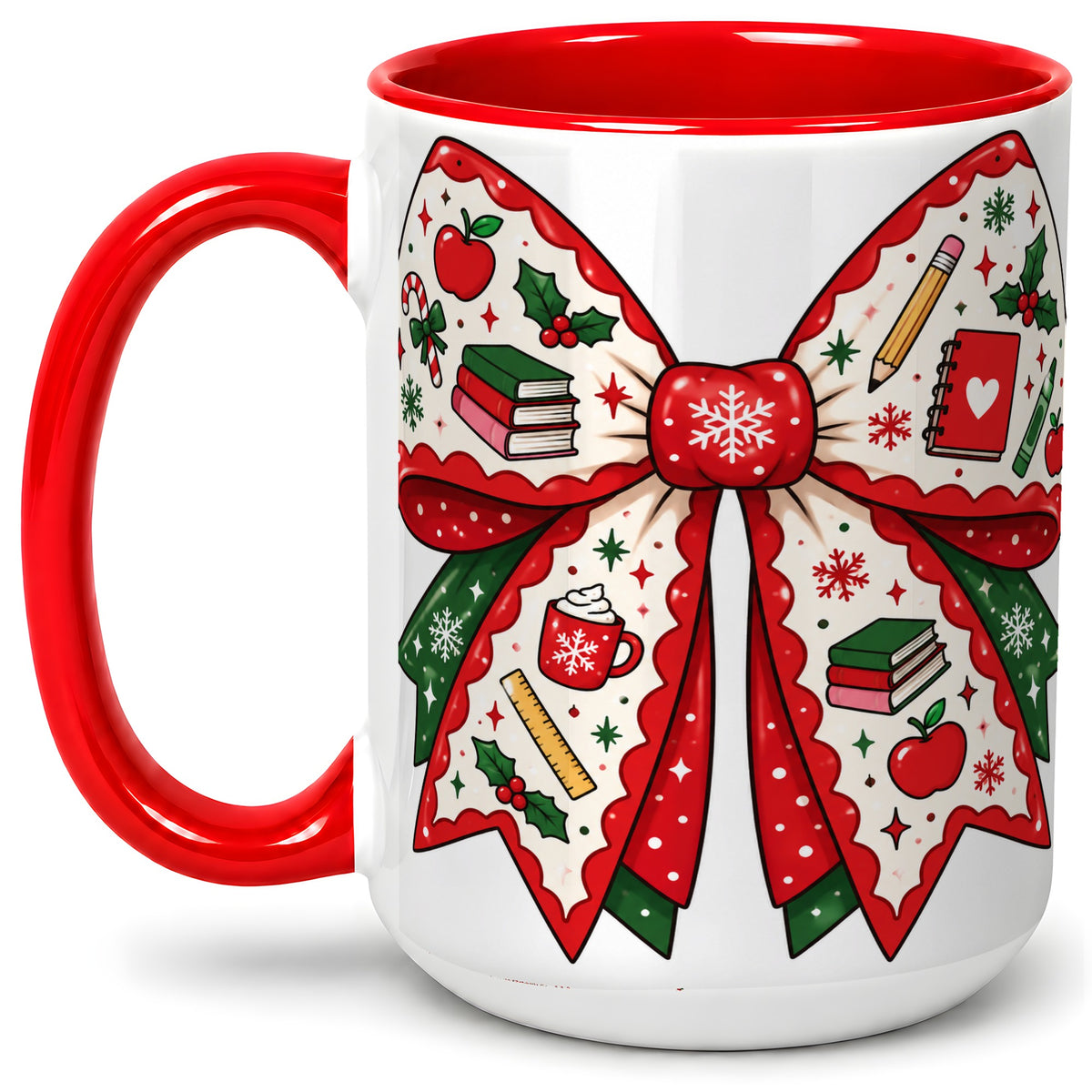 #pl[15oz|Red] Festive Teacher Christmas Bow Ceramic Mug, School Holiday Artwork