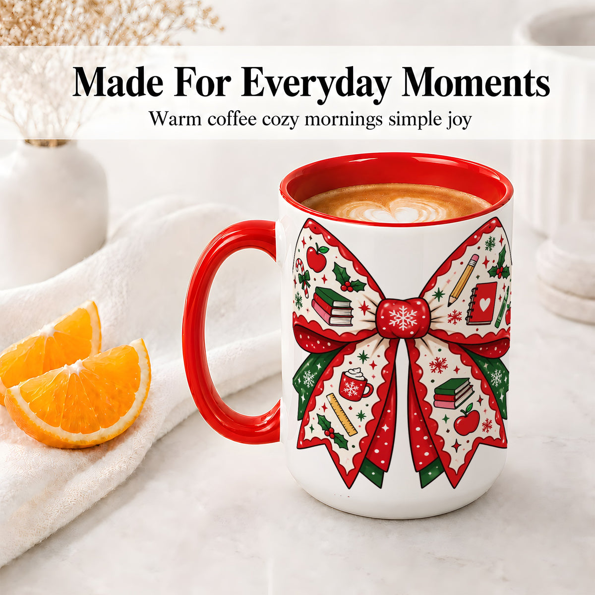 #pl[15oz|Red] Festive Teacher Christmas Bow Ceramic Mug, School Holiday Artwork