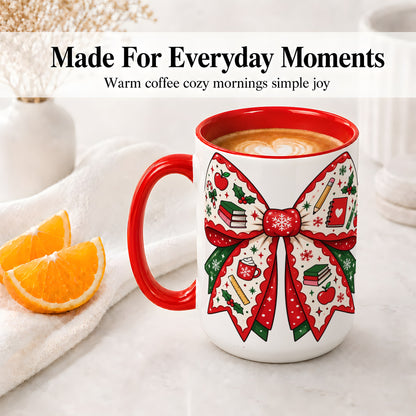 #pl[15oz|Red] Festive Teacher Christmas Bow Ceramic Mug, School Holiday Artwork
