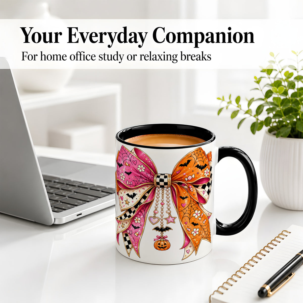 #pl[11oz|Black] Pink Orange Halloween Bow Ceramic Mug, Bat Web Pumpkin Artwork