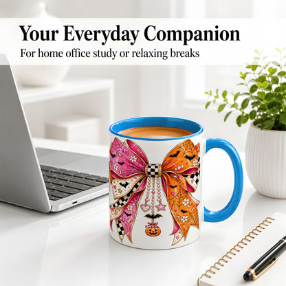 #pl[11oz|Blue] Pink Orange Halloween Bow Ceramic Mug, Bat Web Pumpkin Artwork