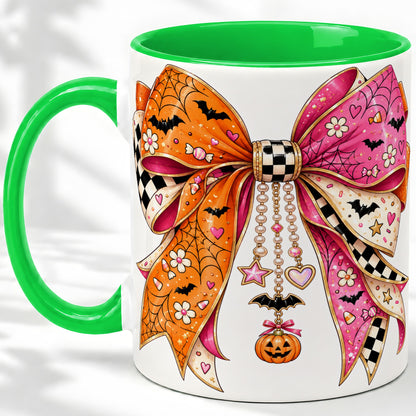 #pl[11oz|Green] Pink Orange Halloween Bow Ceramic Mug, Bat Web Pumpkin Artwork