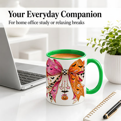 #pl[11oz|Green] Pink Orange Halloween Bow Ceramic Mug, Bat Web Pumpkin Artwork