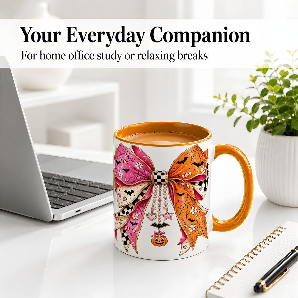 #pl[11oz|Orange] Pink Orange Halloween Bow Ceramic Mug, Bat Web Pumpkin Artwork