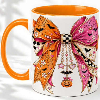 #pl[11oz|Orange] Pink Orange Halloween Bow Ceramic Mug, Bat Web Pumpkin Artwork