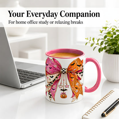 #pl[11oz|Pink] Pink Orange Halloween Bow Ceramic Mug, Bat Web Pumpkin Artwork