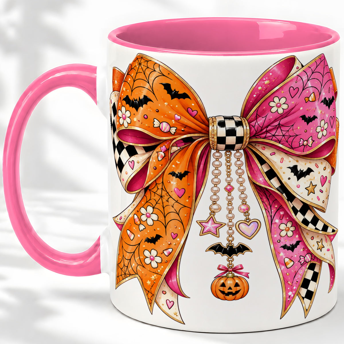 #pl[11oz|Pink] Pink Orange Halloween Bow Ceramic Mug, Bat Web Pumpkin Artwork