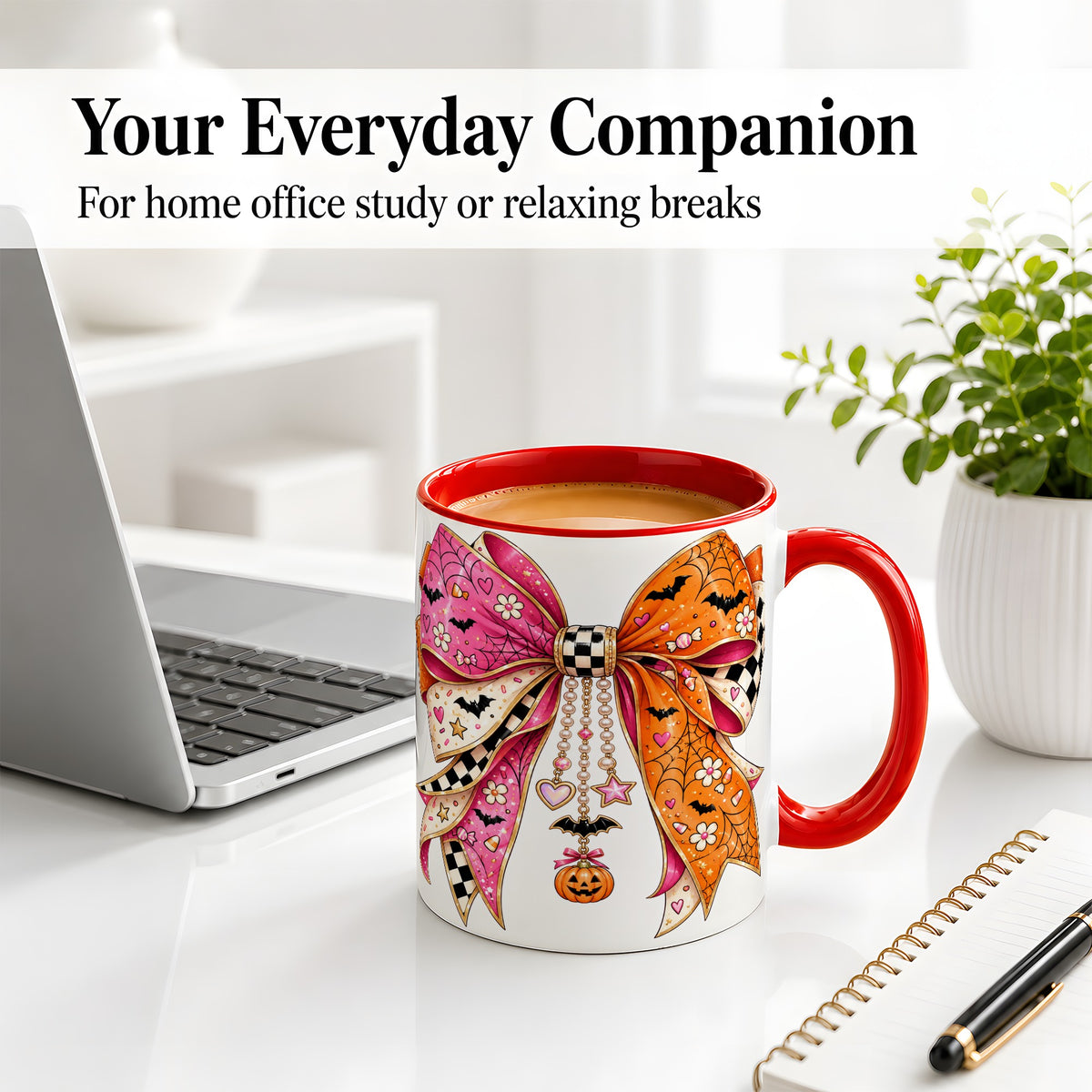 #pl[11oz|Red] Pink Orange Halloween Bow Ceramic Mug, Bat Web Pumpkin Artwork