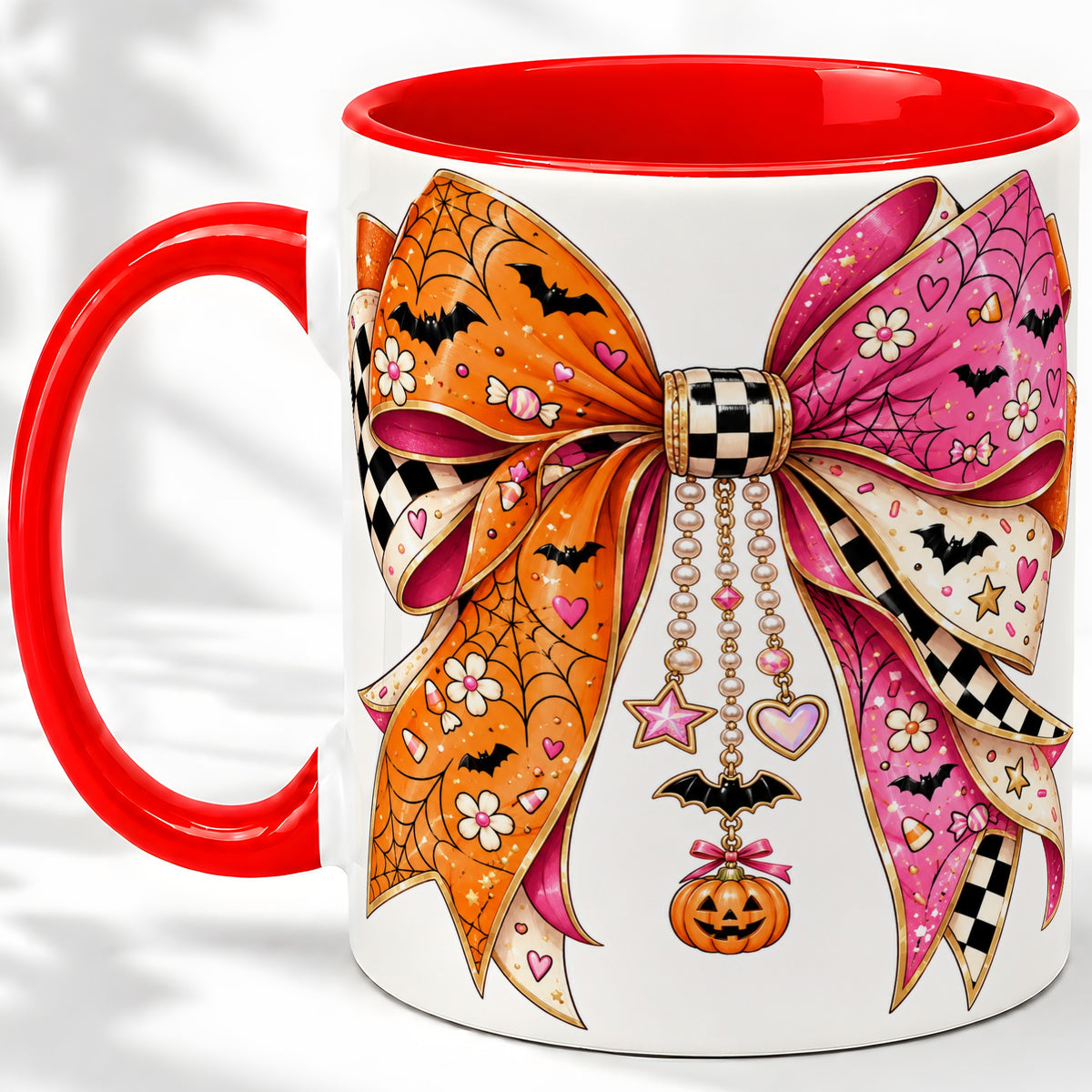 Pink Orange Halloween Bow Ceramic Mug, Bat Web Pumpkin Artwork