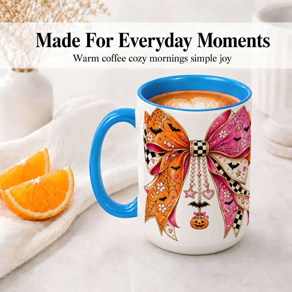 #pl[15oz|Blue] Pink Orange Halloween Bow Ceramic Mug, Bat Web Pumpkin Artwork