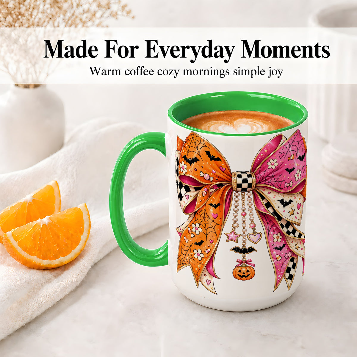 #pl[15oz|Green] Pink Orange Halloween Bow Ceramic Mug, Bat Web Pumpkin Artwork