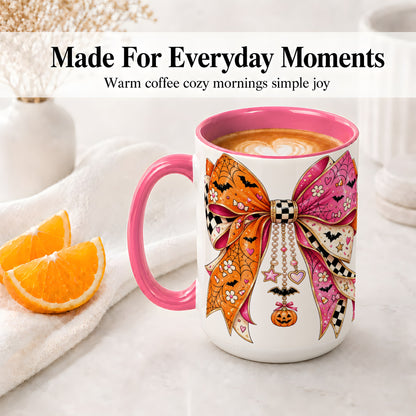 #pl[15oz|Pink] Pink Orange Halloween Bow Ceramic Mug, Bat Web Pumpkin Artwork