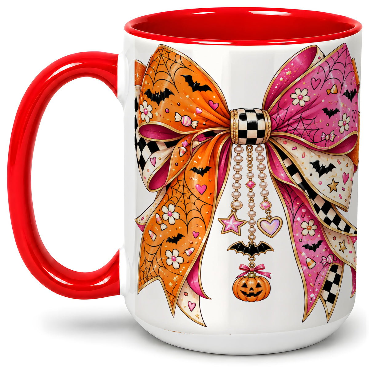 #pl[15oz|Red] Pink Orange Halloween Bow Ceramic Mug, Bat Web Pumpkin Artwork